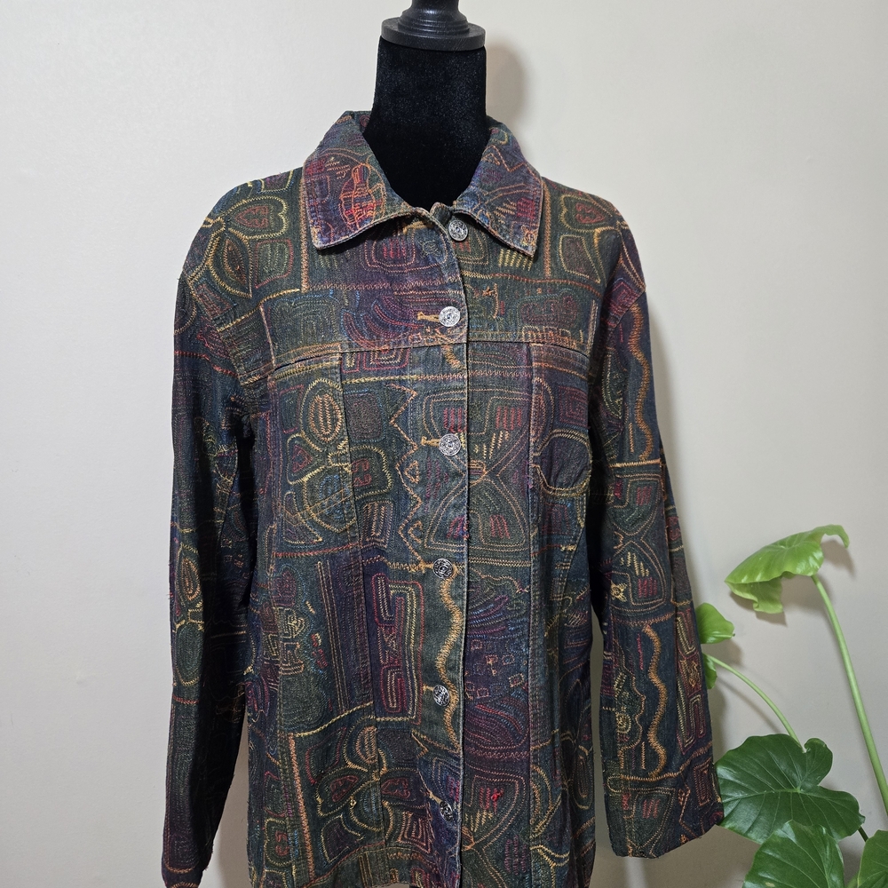 Chico's Embroidered Denim Jacket in Black with Multicolor Stitching